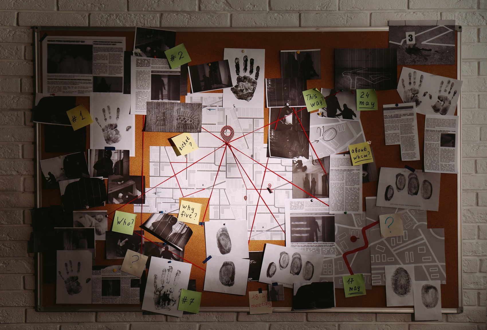 Detective Board with Fingerprints, Photos, Map and Clues Connect